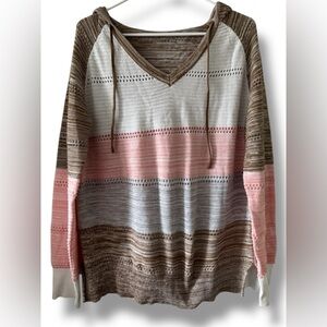 Women’s Lightweight Knit Hoodie Sweater-Pink, Brown & Cream Striped– Size Medium
